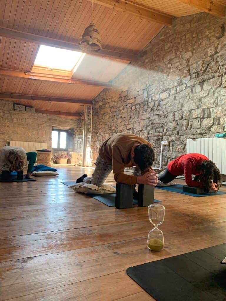 Yoga session at Casa Pardal's rustic stone studio, with afternoon light streaming in as colivers stretch and unwind. 